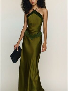 Reformation Jillian Silk Dress Olive Green Maxi Dress